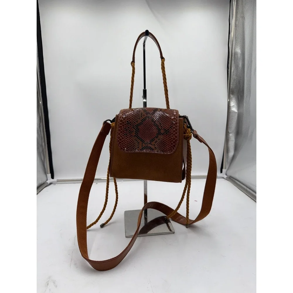 Free People Brown Suede Snakeskin Embossed Leather Crossbody Bag Rope Handle - Picture 2 of 12